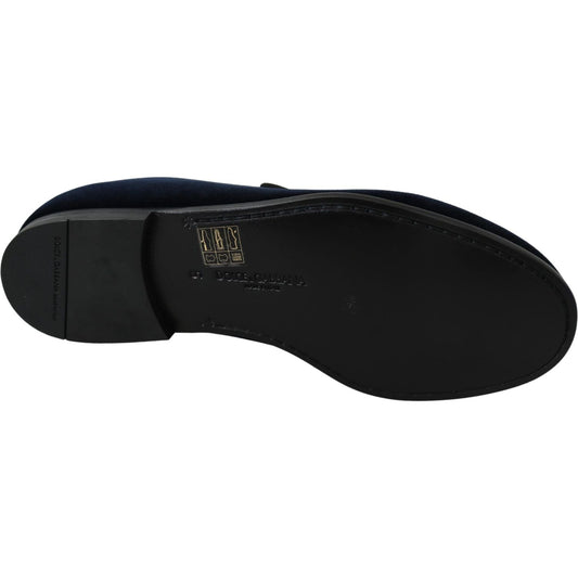 Dolce & Gabbana Blue Velvet Gold Logo Slipper Loafers Shoes MV3487-39.5