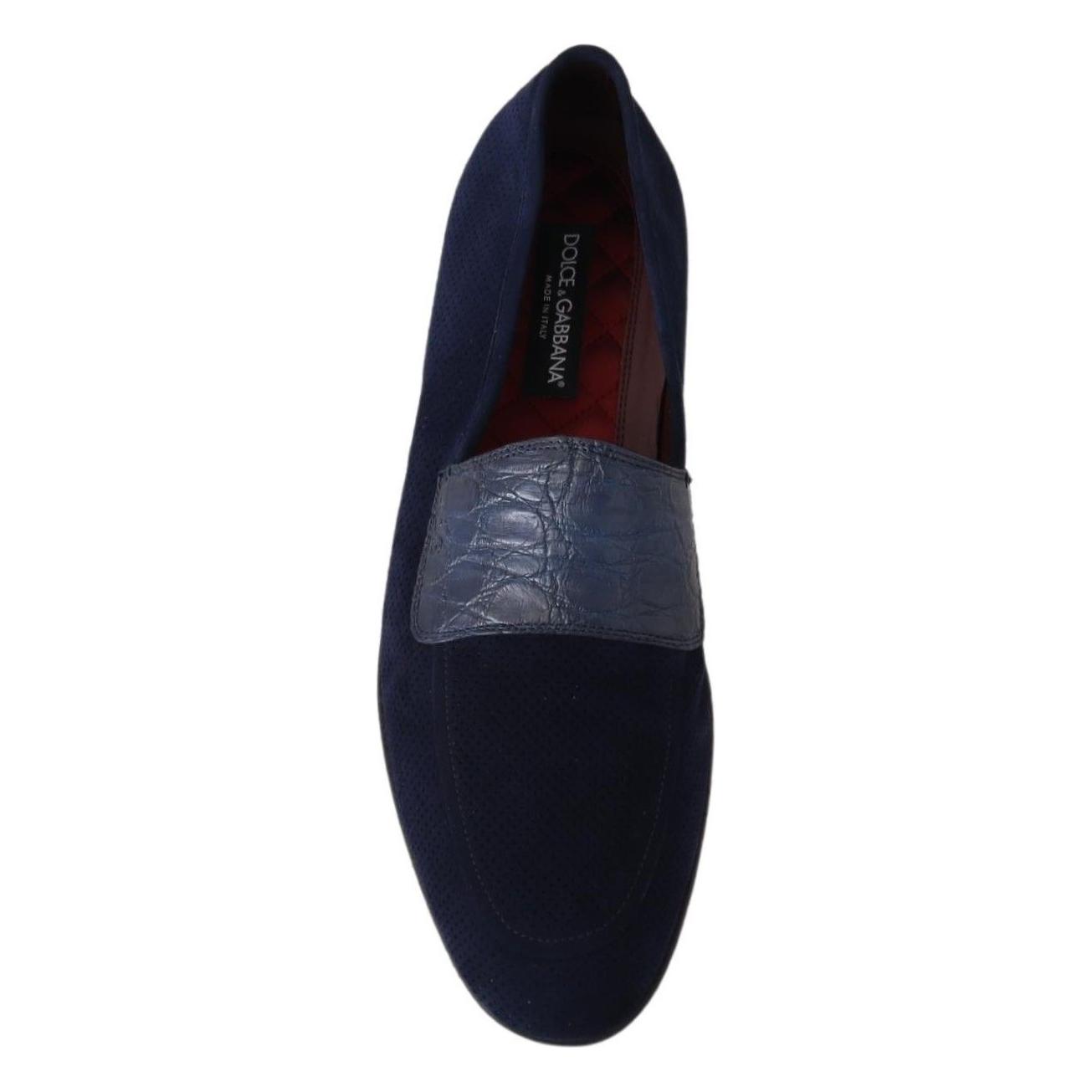 Dolce & Gabbana Blue Suede Caiman Loafers Slippers Shoes