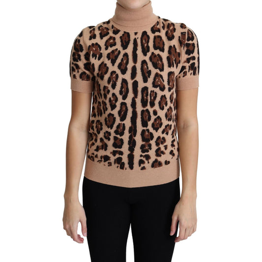 Dolce & Gabbana Beige Leopard Print Virgin Wool Turtleneck Top