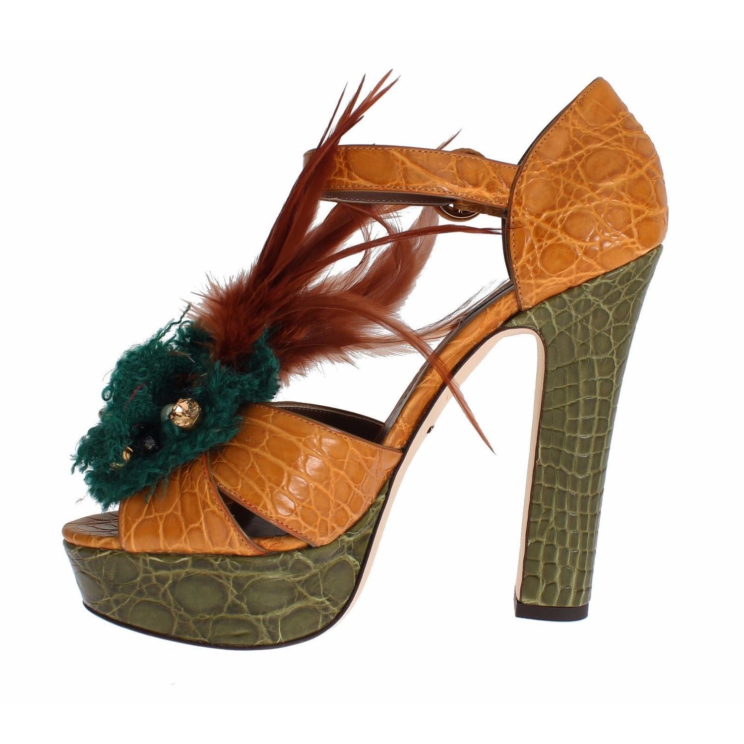 Dolce & Gabbana Orange Leather Crystal Platform Sandal Shoes