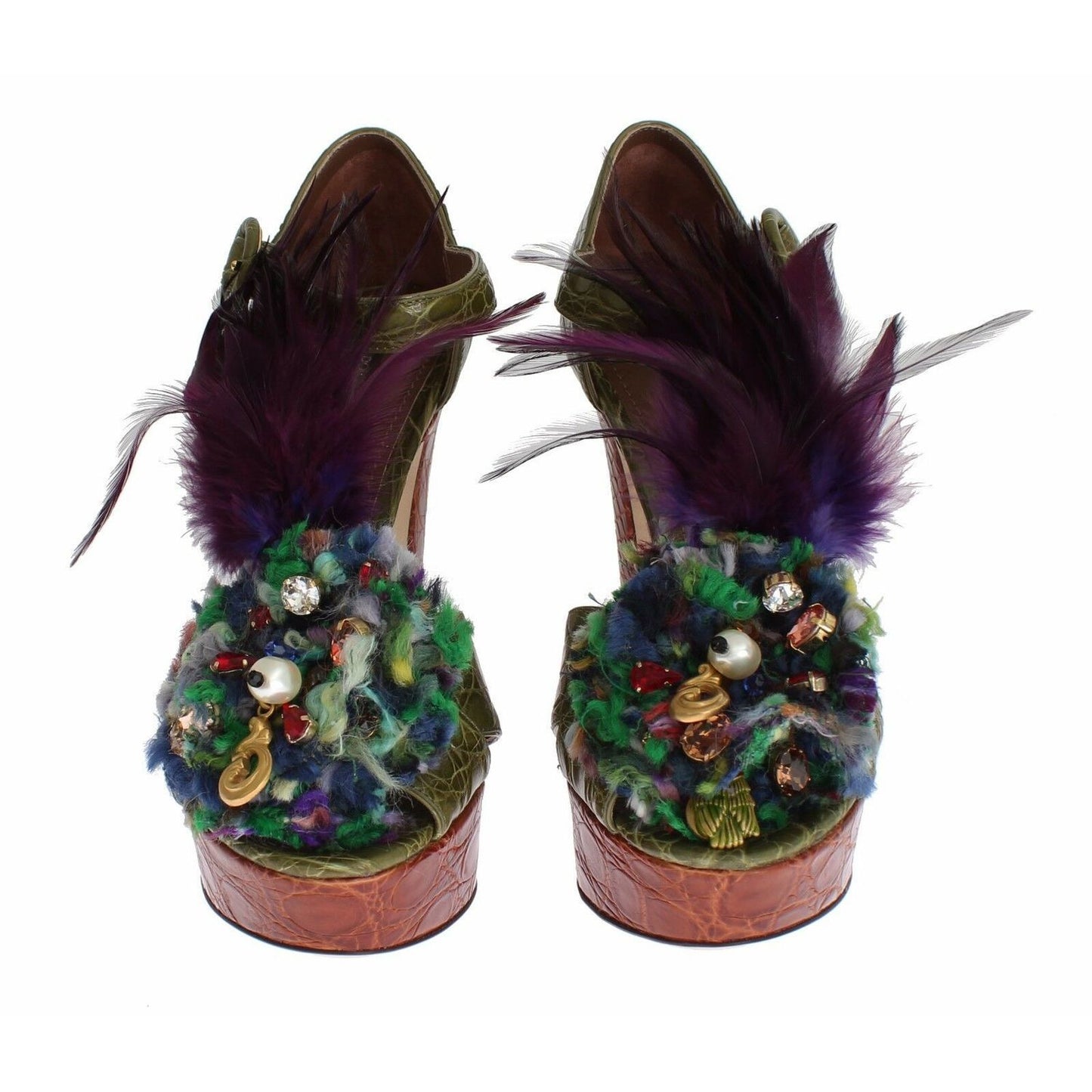 Dolce & Gabbana Green Leather Crystal Platform Sandal Shoes