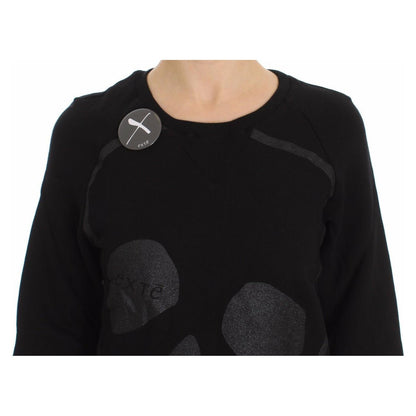 Exte Black Cotton Motive Print Crewneck Pullover Sweater