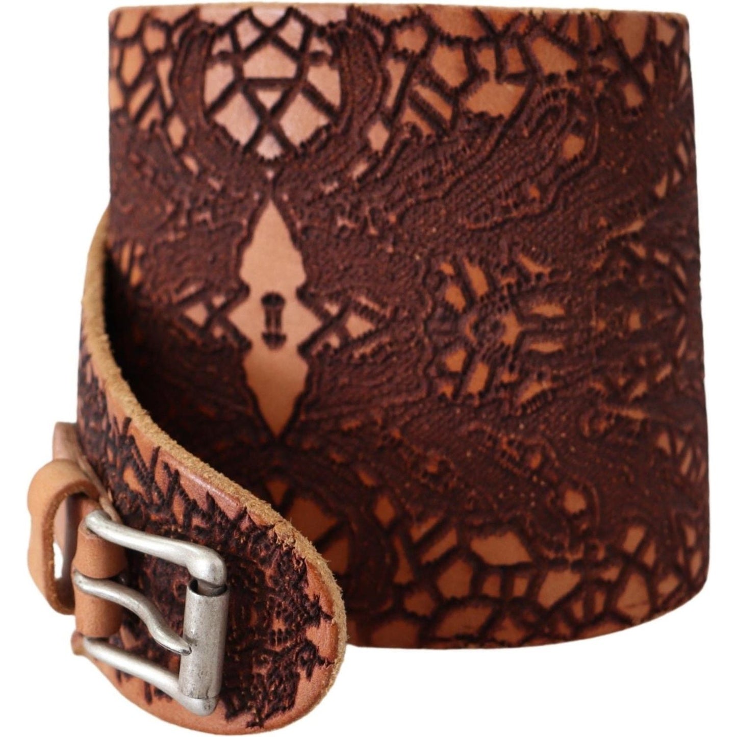 Scervino Street Brown Wide Leather Embroidered Design Logo Belt Belt