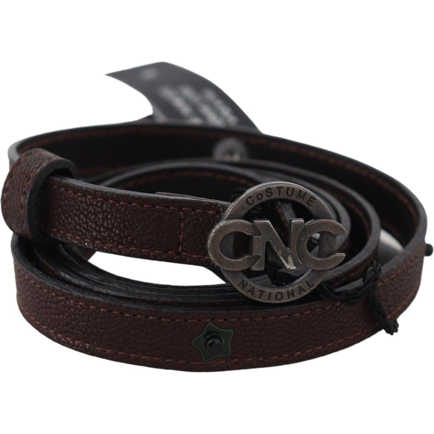 Costume National Brown Skinny Leather Round Logo Buckle Belt