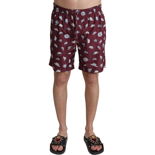 Dolce & Gabbana Maroon Hats Print Beachwear Shorts Swimwear