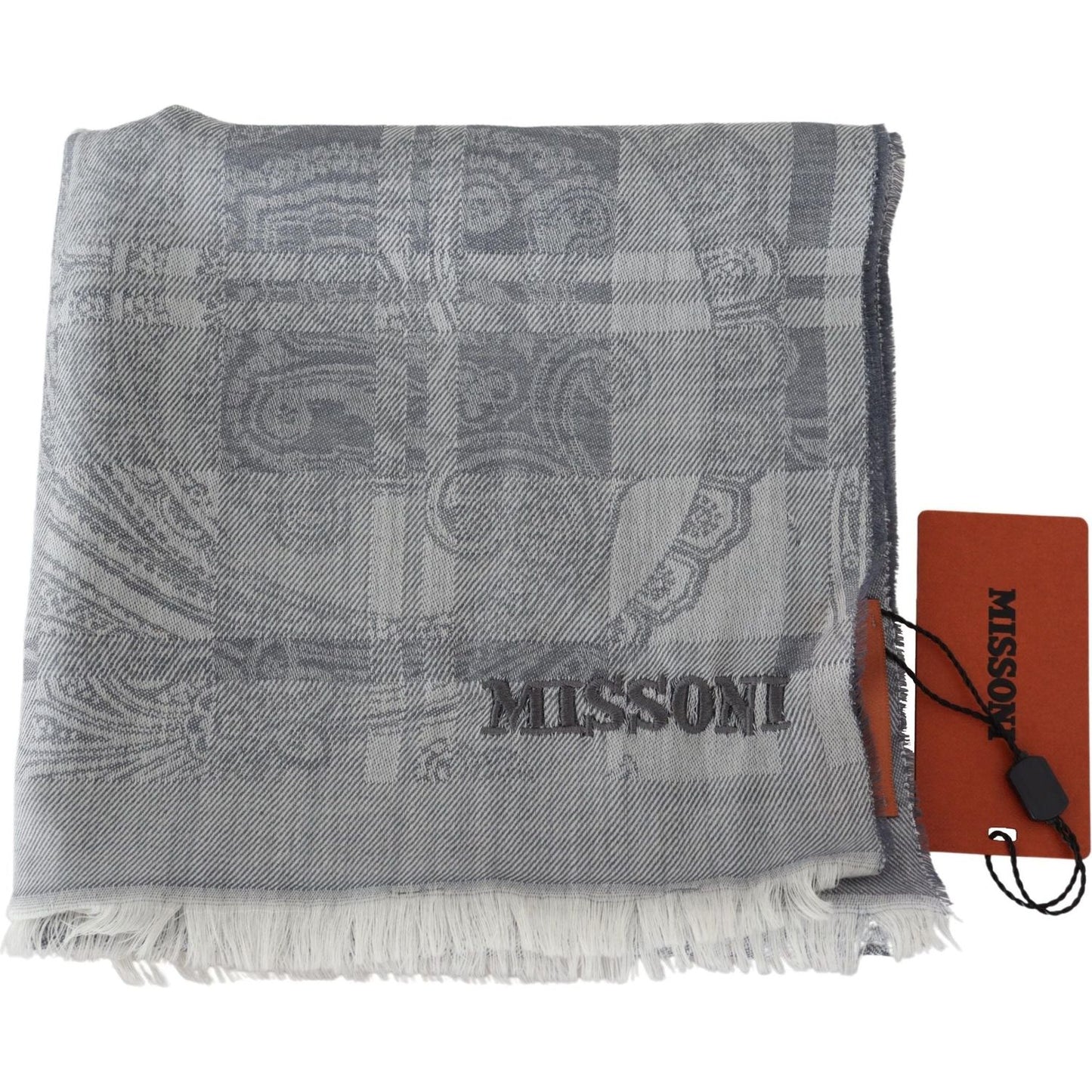 Missoni Gray Floral Wool Unisex Neck Wrap Fringes Scarf