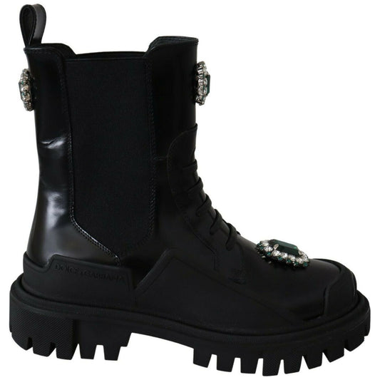 Dolce & Gabbana Black Leather Crystal Combat Boots