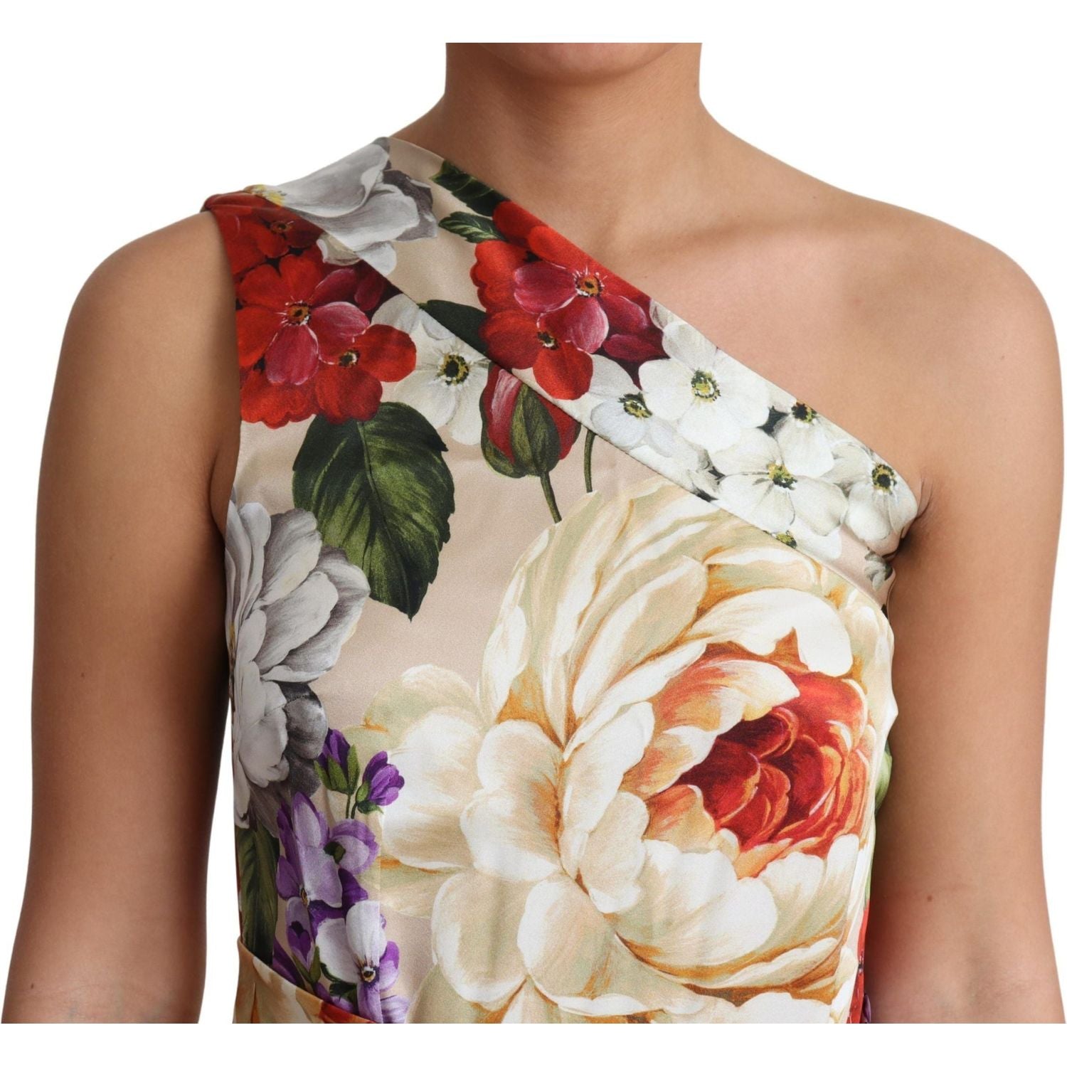 Dolce & Gabbana Print Silk Stretch One Shoulder Dress Floral