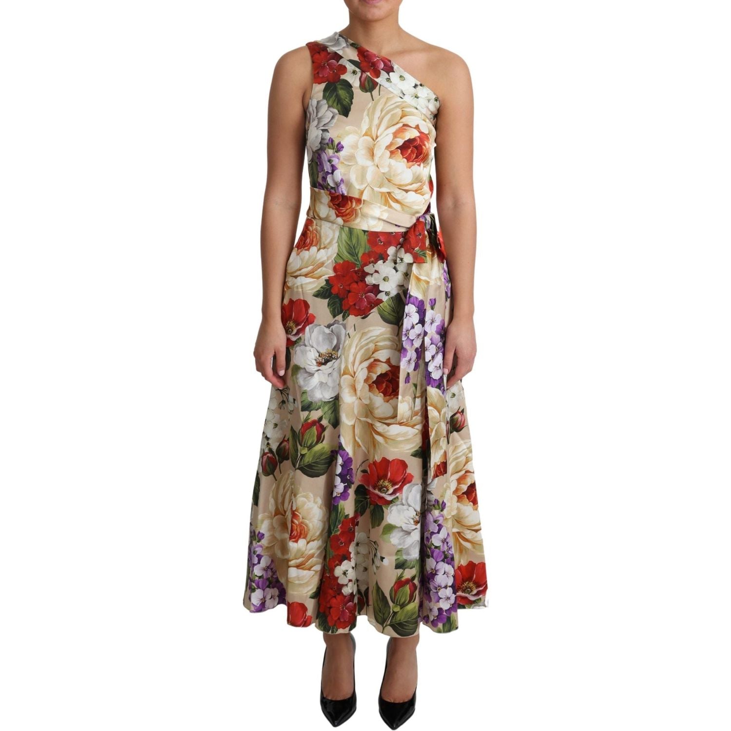 Dolce & Gabbana Print Silk Stretch One Shoulder Dress Floral