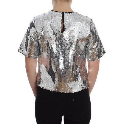 Dolce & Gabbana Silver Sequined Crewneck Blouse T-shirt Top