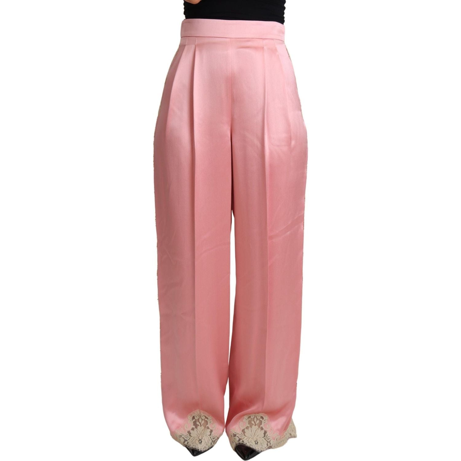Dolce & Gabbana Pink Lace Trimmed Silk Satin Wide Legs Pants