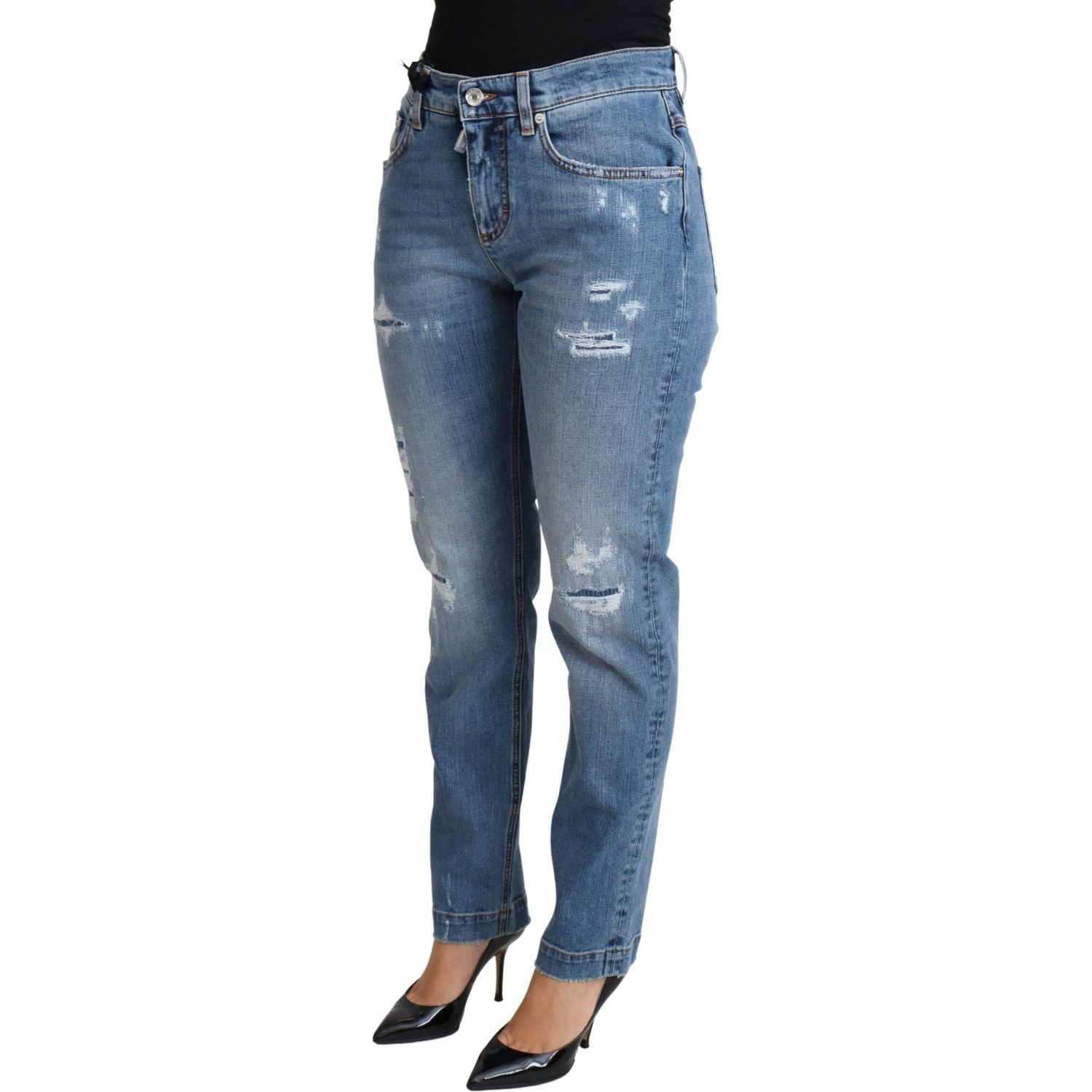 Dolce & Gabbana Blue Tattered Skinny Denim Cotton Blend Jeans
