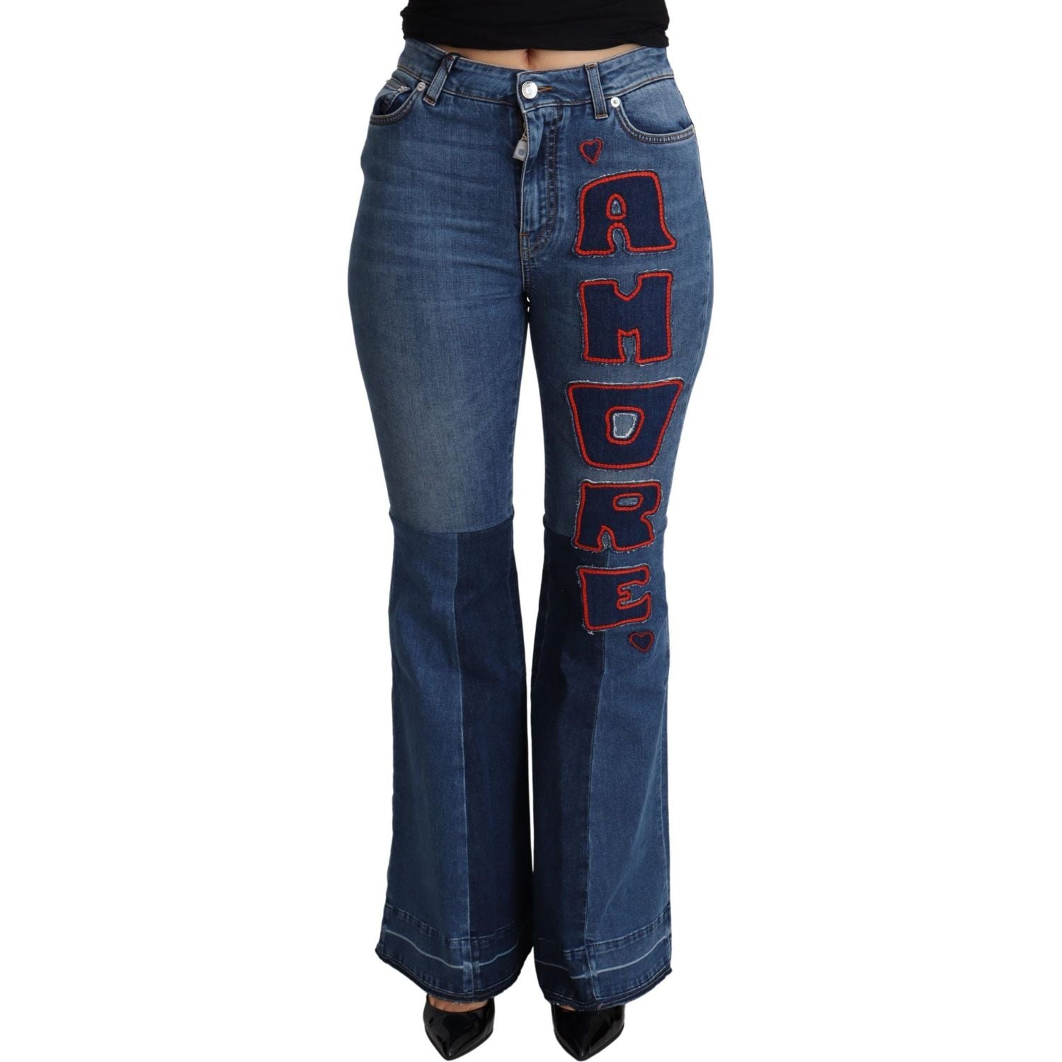Dolce & Gabbana Blue Amore Patch Boot Cut Cotton Stretch Pant