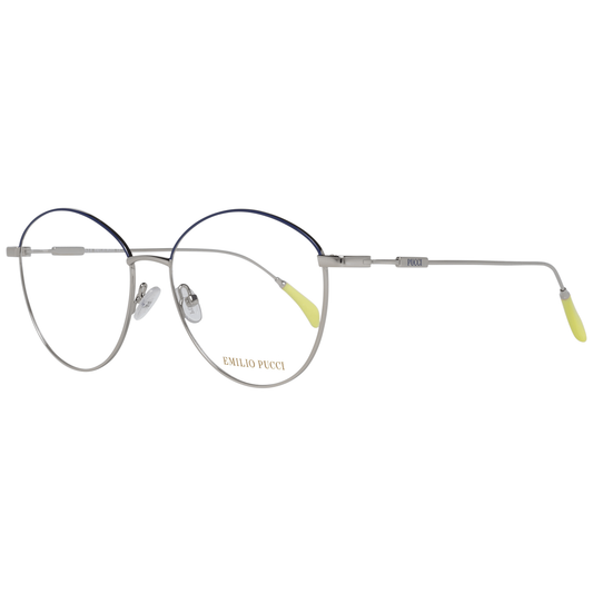 Emilio Pucci Blue Metal Glasses (Frames) for women in silver full-rim style with spring hinges, size 54-16-140, includes branded case.