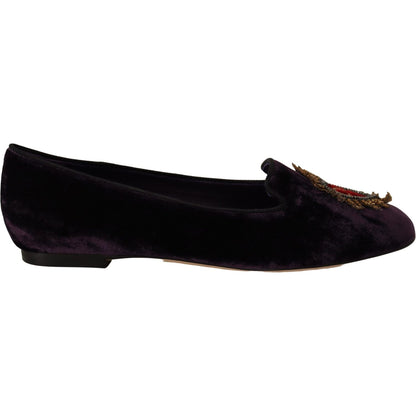 Dolce & Gabbana Purple Velvet DG Heart Loafers Flats Shoes