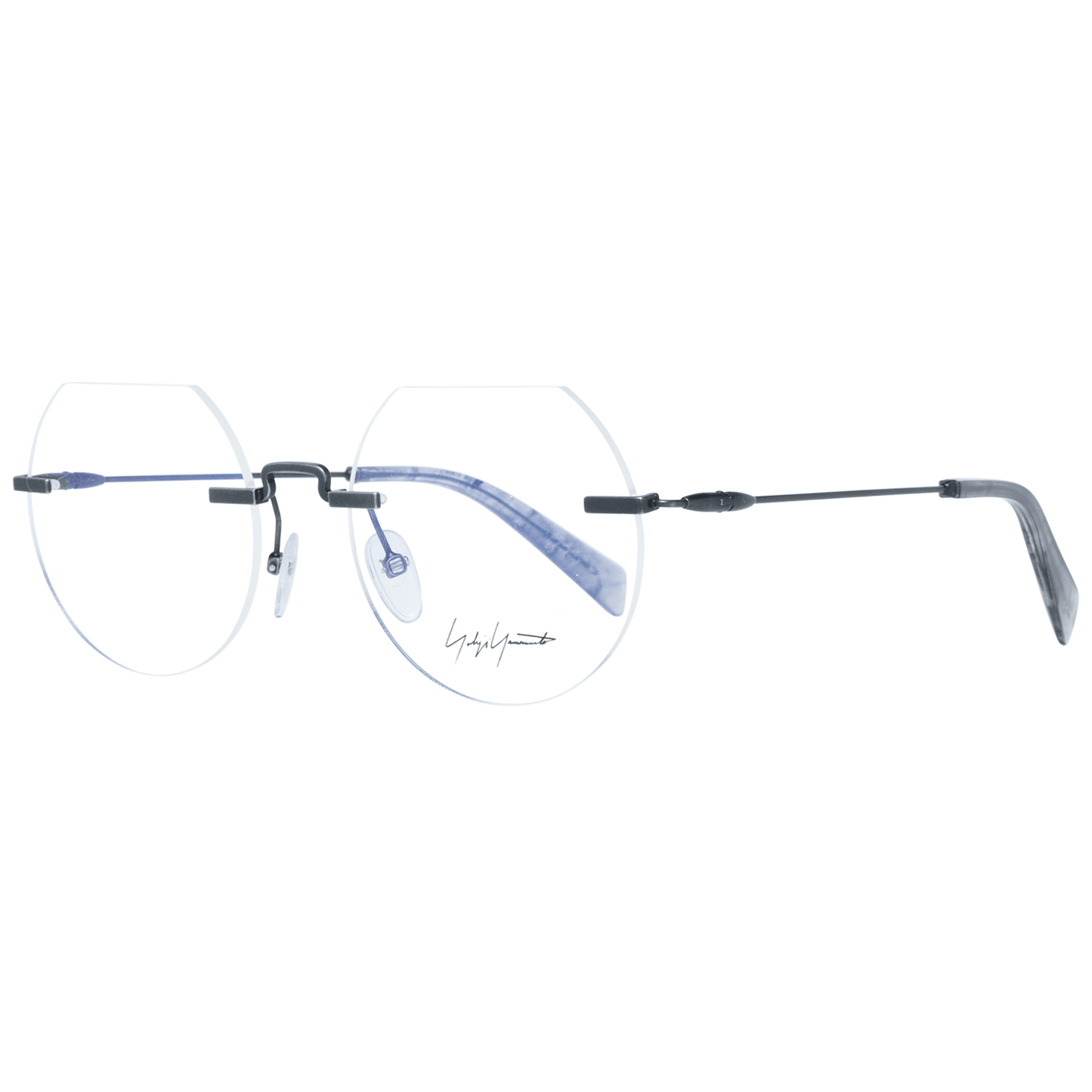 Yohji Yamamoto Gray Metal Glasses (Frames) with rimless round design, grey metal frame, demo lenses, and branded soft case included.