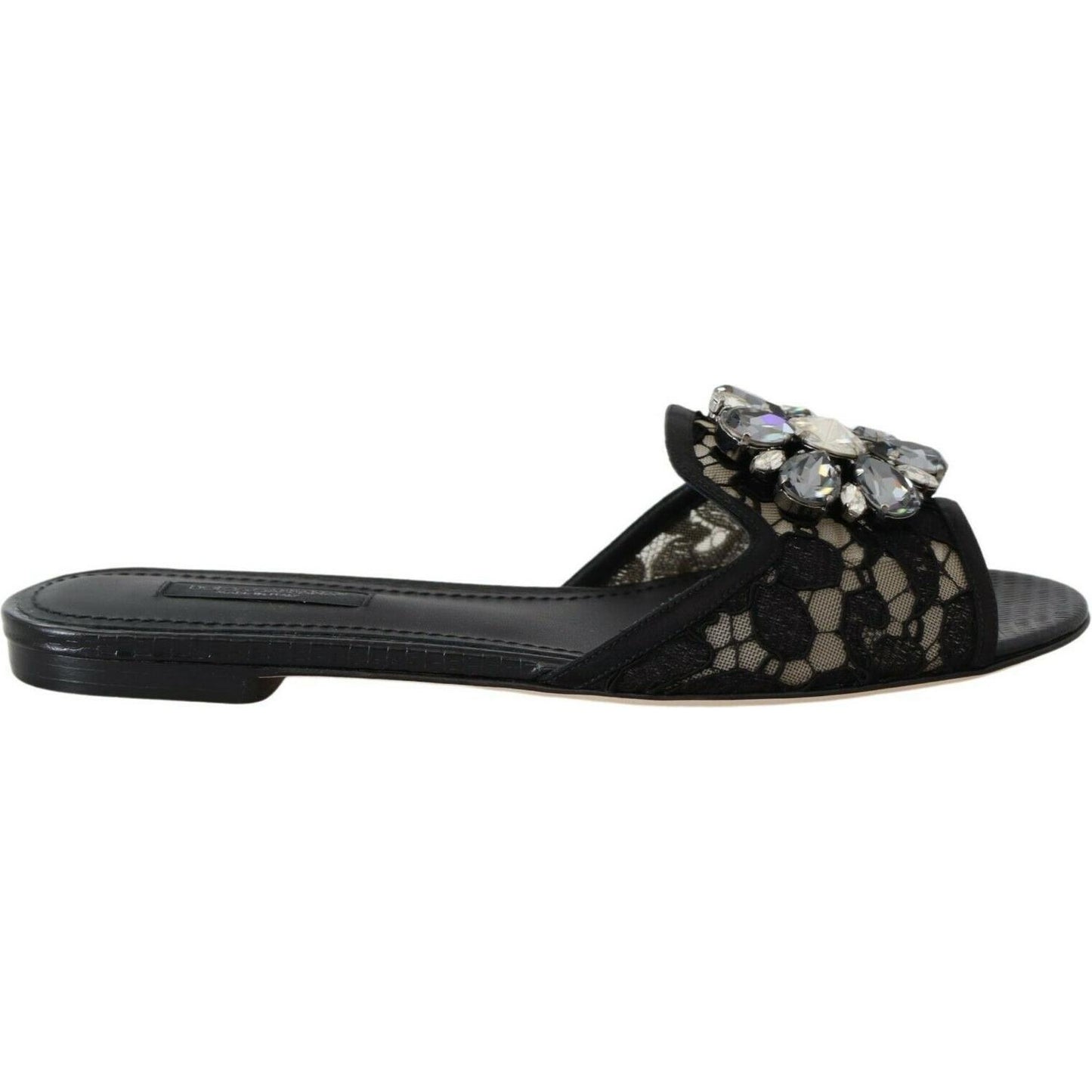 Dolce & Gabbana Black Taormina Lace Slides Crystals Flats Shoes