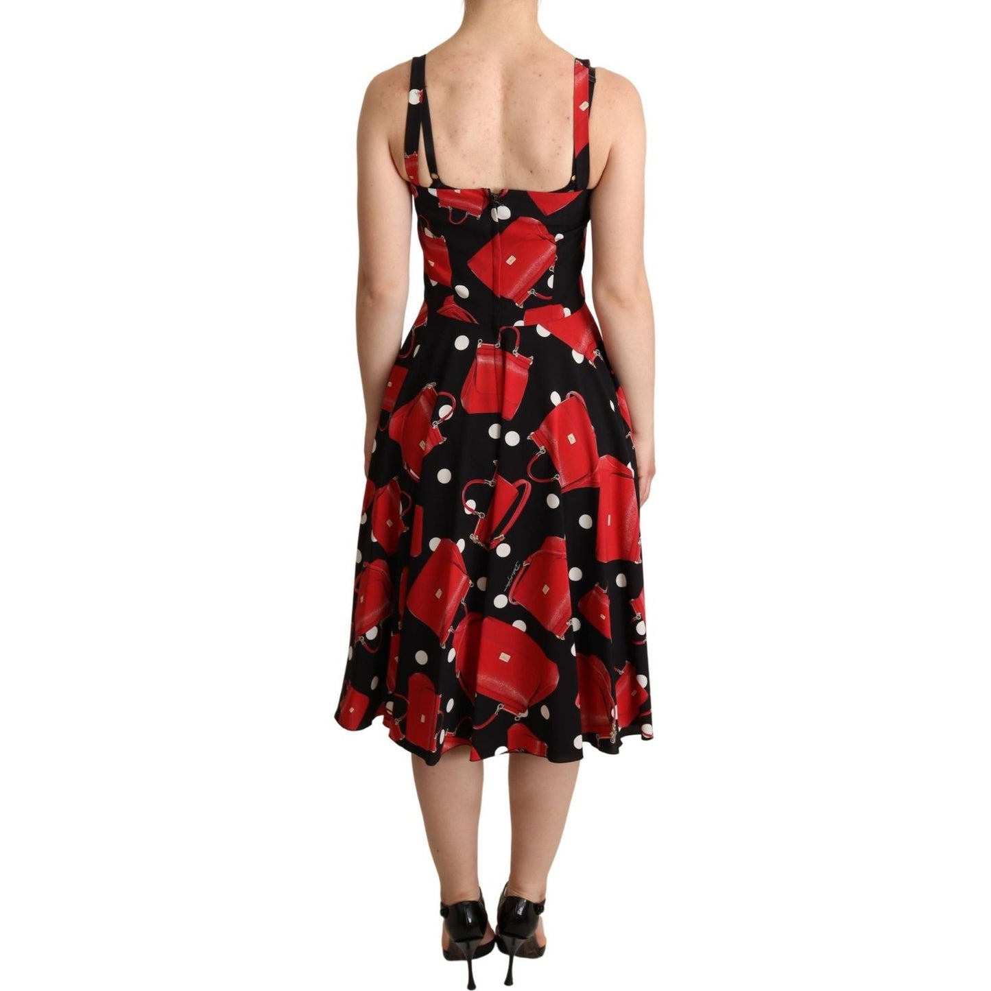Dolce & Gabbana Black Red Bag Print A-line Mid Length Dress WOMAN DRESSES