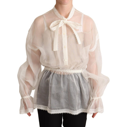 Dolce & Gabbana White Ascot Collar Long Sleeves Blouse Top