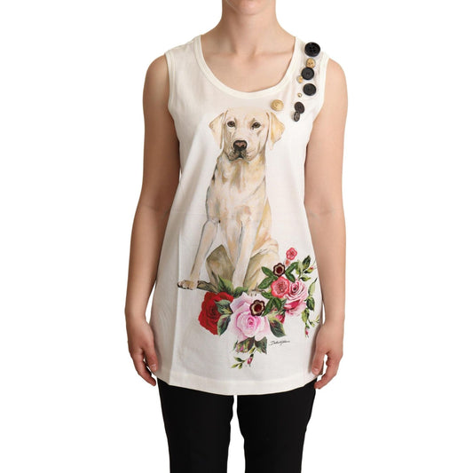 Dolce & Gabbana White Dog Floral Print Embellished T-shirt