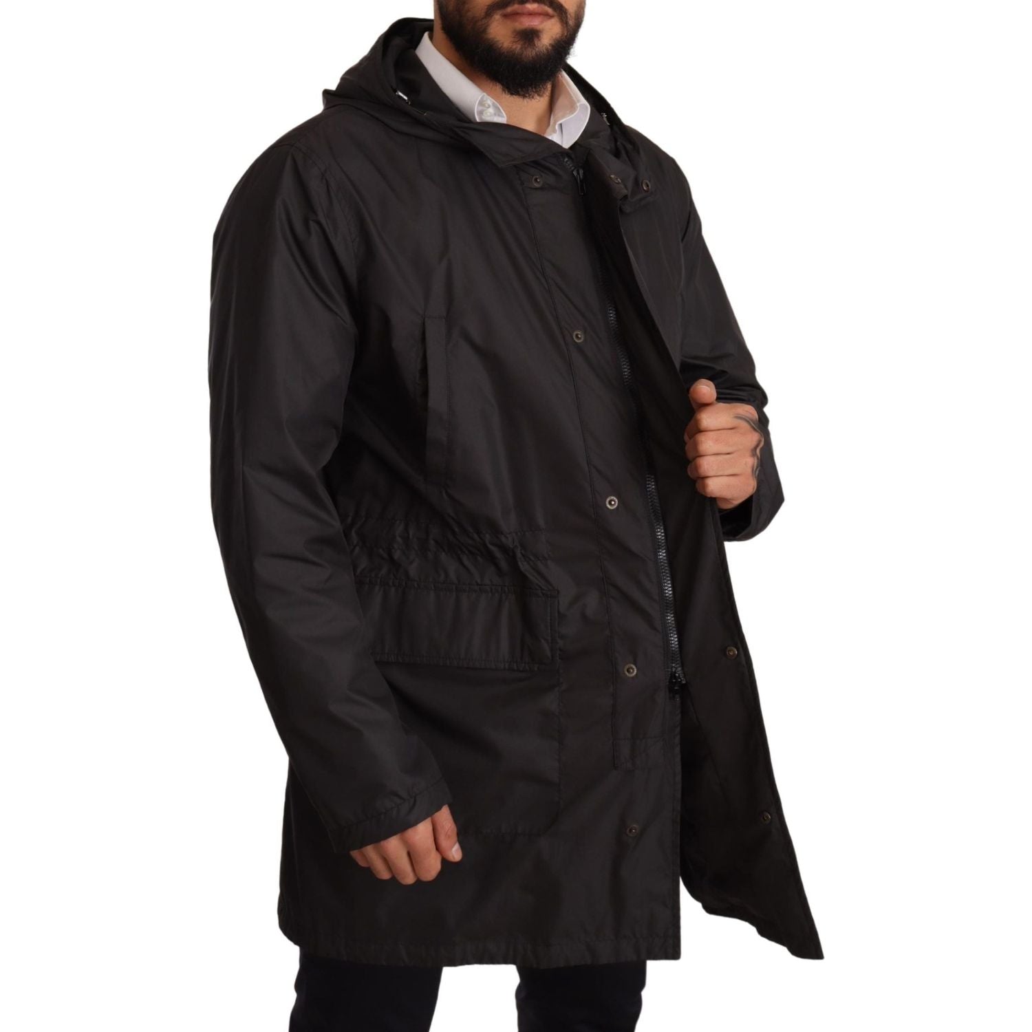 Dolce & Gabbana Black Hooded Mens Trench Coat Jacket