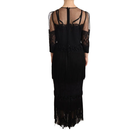Dolce & Gabbana Black Sheer Floral Lace Crystal Maxi Dress WOMAN DRESSES