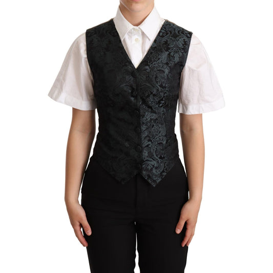Dolce & Gabbana Black Jacquard Floral Waistcoat Vest Green TSH5979 -40