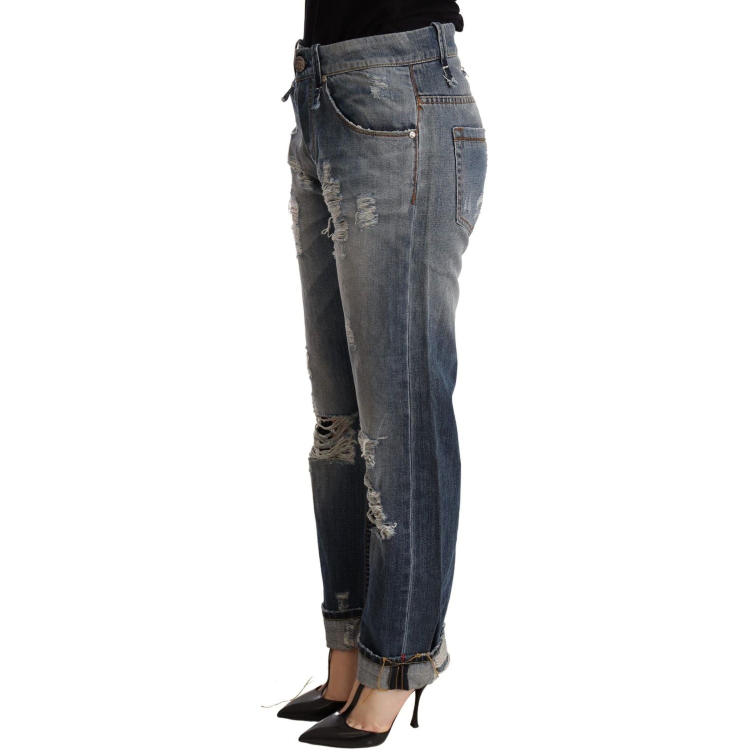 Acht Blue Tattered Mid Waist Straight Denim Trouser