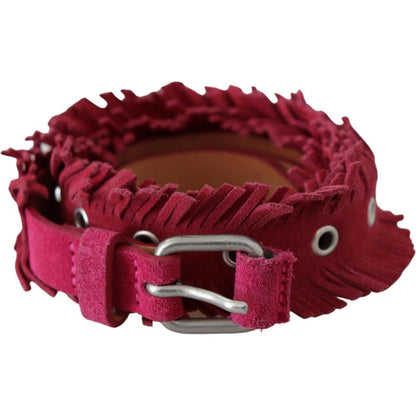 Ermanno Scervino Maroon Leather Fringes Silver Buckle Waist Belt