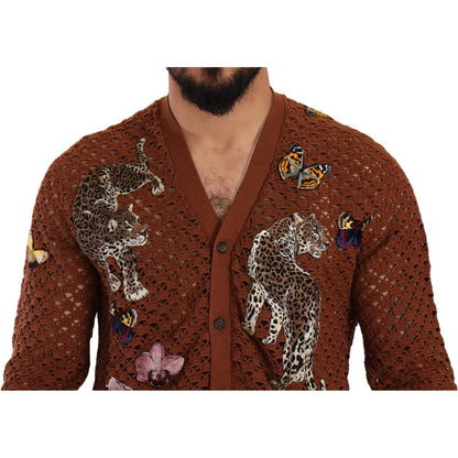 Dolce & Gabbana Brown Leopard Butterfly Cardigan Sweater MAN SWEATERS