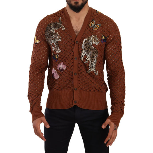 Dolce & Gabbana Brown Leopard Butterfly Cardigan Sweater MAN SWEATERS