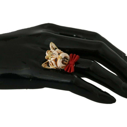 Dolce & Gabbana Beige Dog Pet Branded Accessory Gold Brass Resin Ring Ring