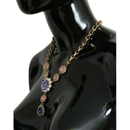 Dolce & Gabbana Pink Gold Brass Crystal Purple Pearl Pendants Necklace