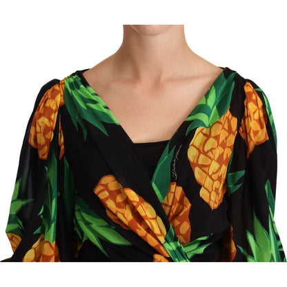 Dolce & Gabbana Black Ananas Print Wrap Stretch Silk Dress