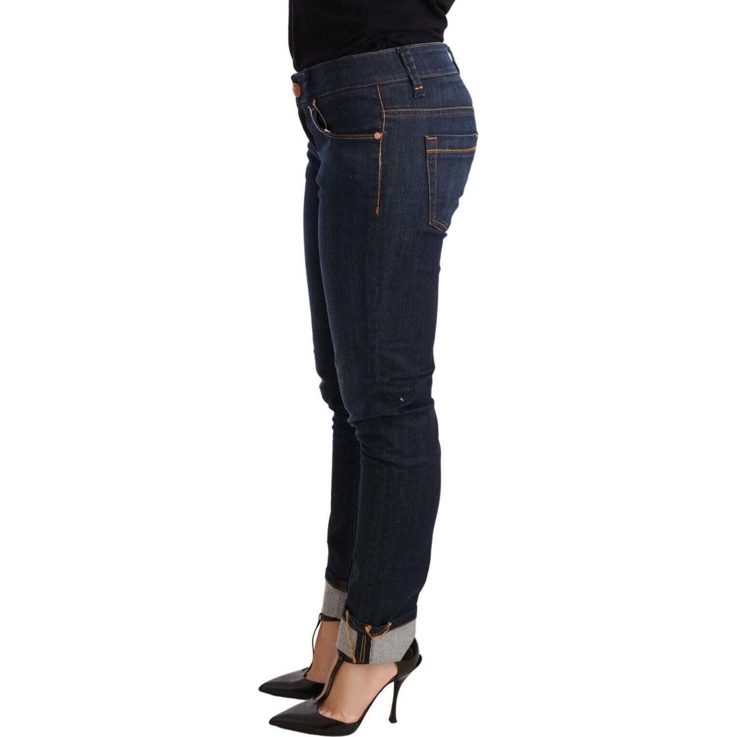Acht Blue Washed Cotton Low Waist Skinny Denim Women Trouser Jeans