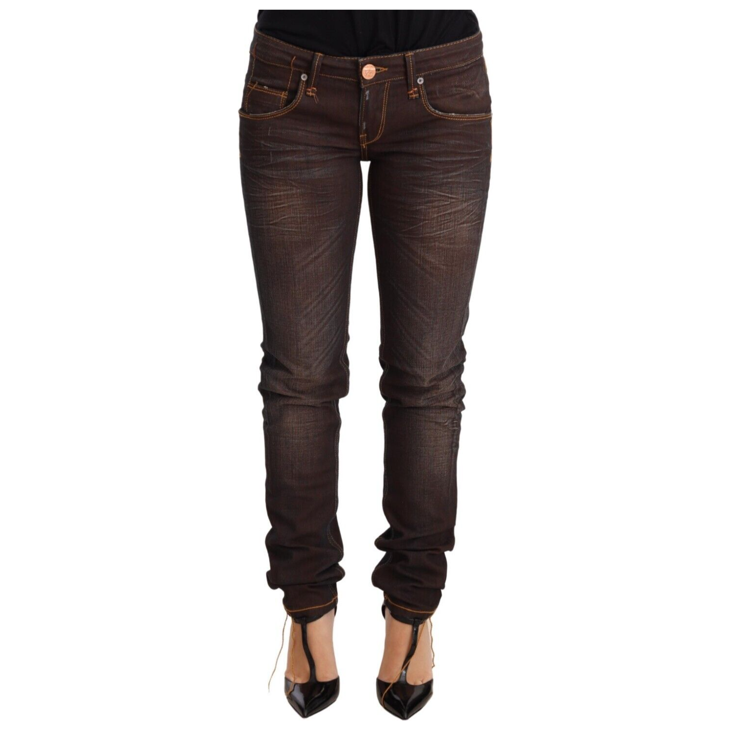 Acht Brown Washed Cotton Slim Fit Denim Low Waist Trouser Jeans Jeans & Pants