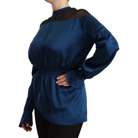 Masha Ma Blue Silk Long Sleeves Elastic Waist Top Blouse TSH7440 - 38