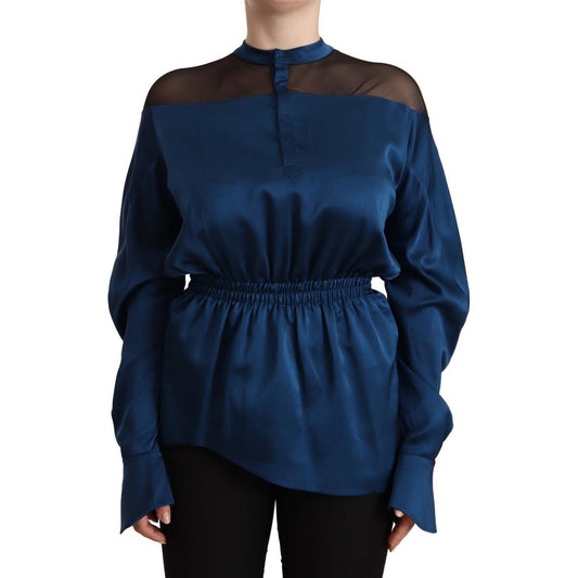 Masha Ma Blue Silk Long Sleeves Elastic Waist Top Blouse TSH7440 - 38