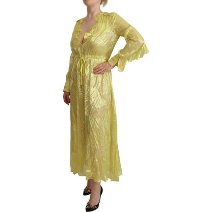 Patrizia Pepe Yellow Silk Long Sleeves Plunging Maxi Dress WOMAN DRESSES