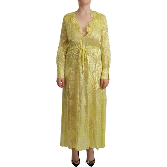 Patrizia Pepe Yellow Silk Long Sleeves Plunging Maxi Dress WOMAN DRESSES