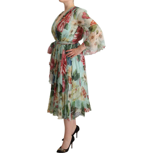 Dolce & Gabbana Green Floral Long Sleeves V-neck Midi Dress DR28273 - 42