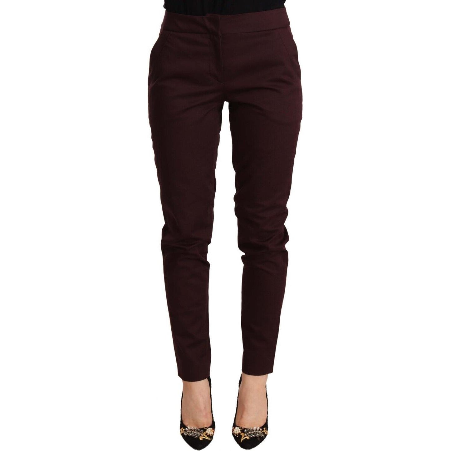 Just Cavalli Maroon Mid Waist Skinny Women Trouser Pants