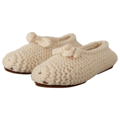 Dolce & Gabbana White Slip On Ballerina Flats Wool Knit Shoes