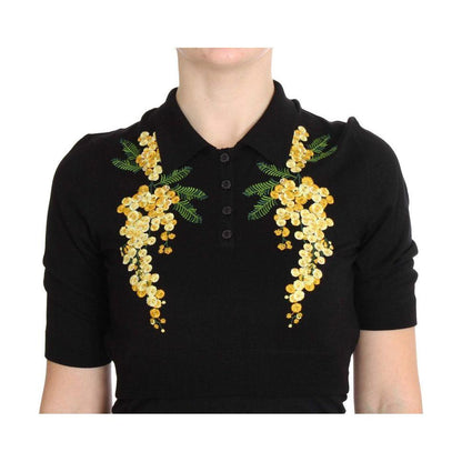 Dolce & Gabbana Black Silk Floral Embroidered Polo Top