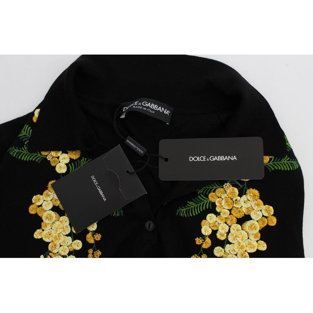 Dolce & Gabbana Black Silk Floral Embroidered Polo Top