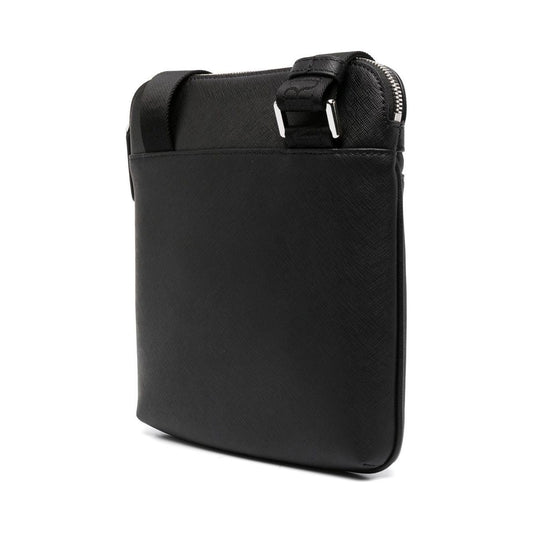 Jet black Emporio Armani Saffiano faux leather shoulder bag with eagle plate, featuring adjustable strap and silver-tone hardware.