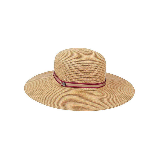 Borsalino straw hat in beige with multicolor band and side logo, known as Treccia Giselle, perfect for stylish sun protection.