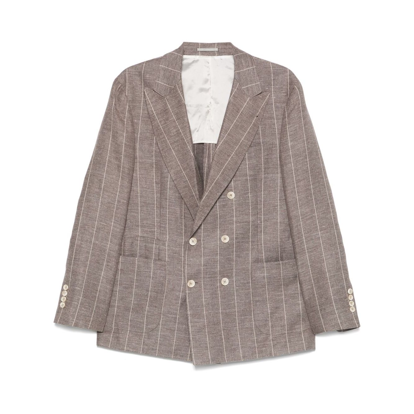 Brunello Cucinelli Jackets Beige: Tobacco brown double-breasted linen jacket with deconstructed style and chest welt pocket.