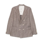 Brunello Cucinelli Jackets Beige: Tobacco brown double-breasted linen jacket with deconstructed style and chest welt pocket.