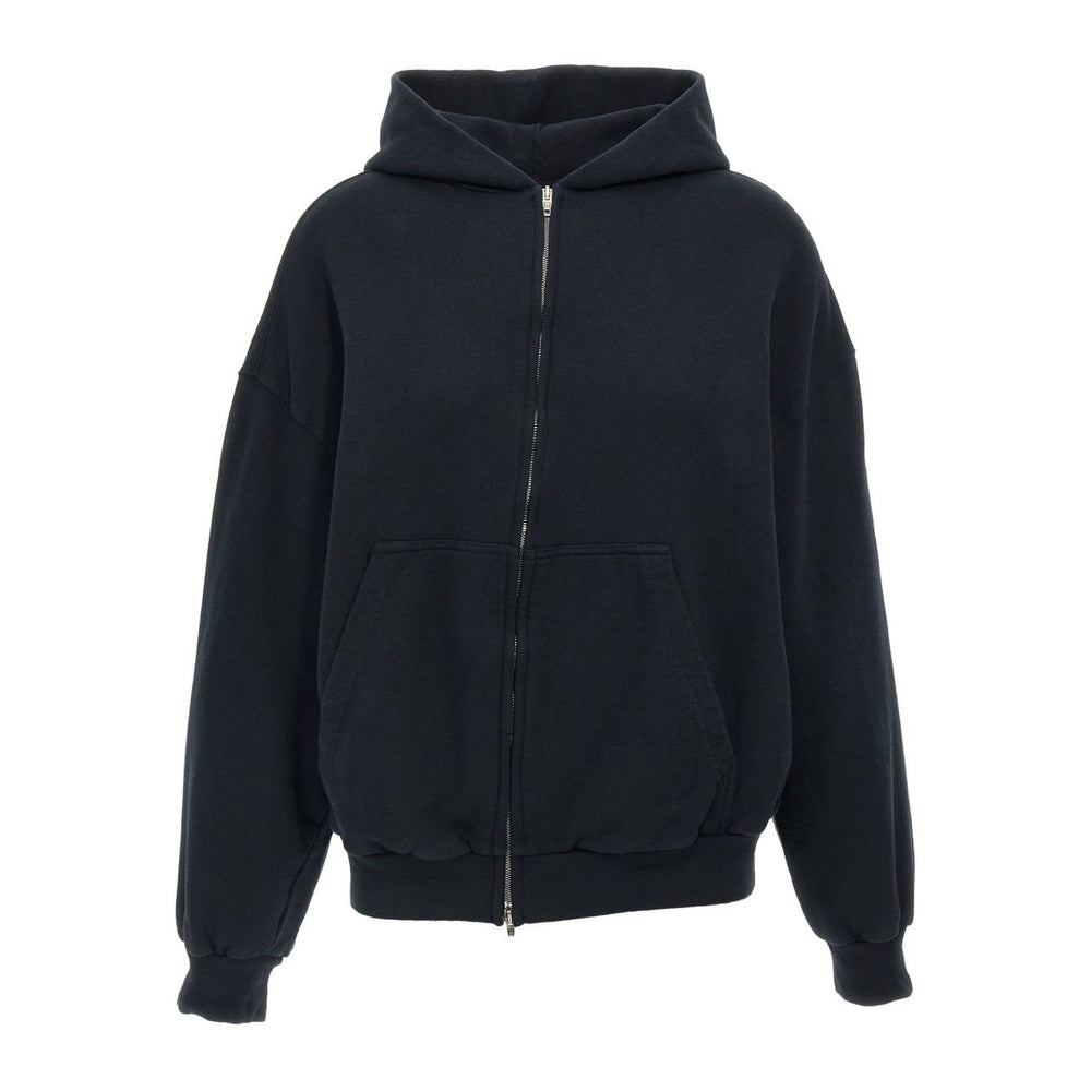 Balenciaga Sweaters Black featuring a black hoodie with dropped shoulders, front zip, long sleeves, cuffs, and back embroidery.
